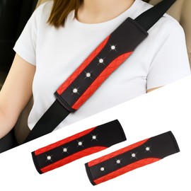 Hovom 2PCS Bling Car Seat Belt Cover Pad, Leather Seatbelt Covers for Cars, Soft Safety Seatbelt Shoulder Strap Covers, Rhinestone Auto Seat Belt Protector Cushion for Women Girls (Red)