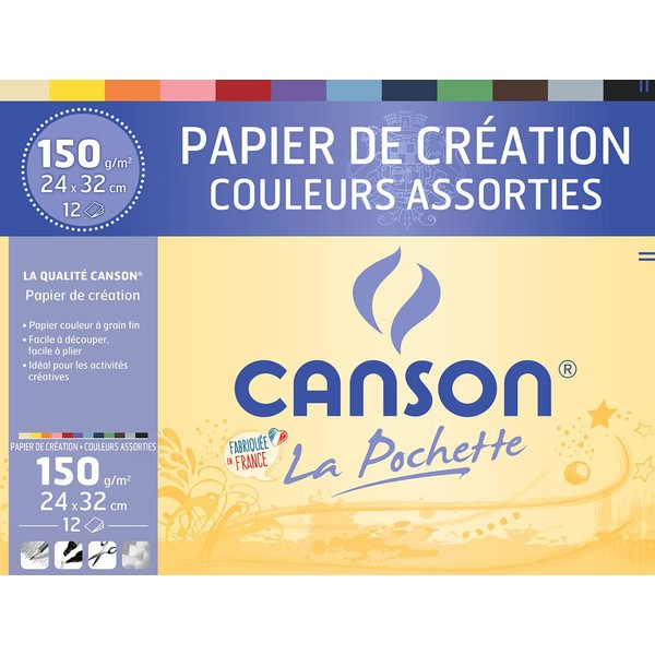 CANSON - Pochette 12 feuilles de papier création 24x32cm - 150g/m² couleurs assorties