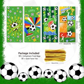 50 PCS Soccer Cellophane Treat Bags Football Themed Goody Candy Bags Green Plastic Cello Gift Bags Soccer Match Party Favor Bags with Twist Ties for Sport Event Birthday Baby Showers Party Supplies