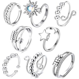 BEZHGOC Anxiety Rings for Women, 8Pcs Fidget Ring for Anxiety Women Silver Zircon Sunflower Daisy Thumb Ring Rotate Beads Stress Reliever Spinner Rings Set