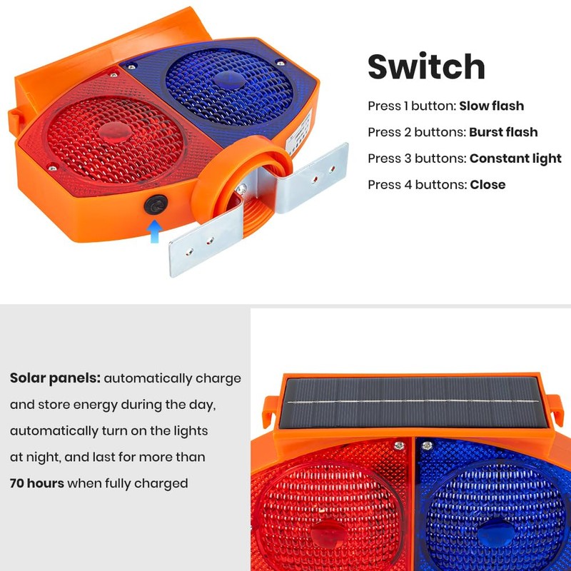 Solar Strobe Warning Light, 3 Working Modes Double Side Red