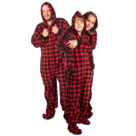 BIG FEET PAJAMA CO. Hoodie Footed Buffalo Plaid Fleece Adult Unisex Onesie Pajamas (L)