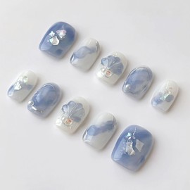 LemiVibe "Haino Style" Nail Tips Short Blue Light Blue 100% Handmade Just Stick On Nails Fake Nails Spring Popular Cute Korean Gel Nail Seal Self Nail Sticker Home Nail Design Self Nail Art