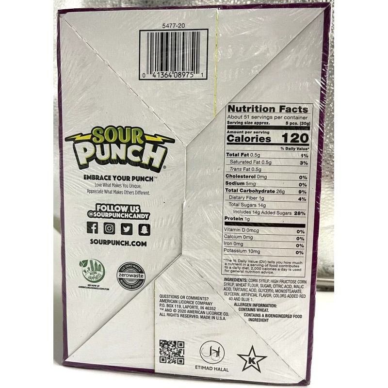 Sour Punch Straws Grape King Size Candy Bulk 12 Ct