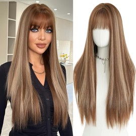 7JHHWIGS 28in Warm Brown Blonde Highlight Long Straight Bangs Wigs Natural Mixed Blonde Brown Ombre Heat Resistant Synthetic Fiber Women Highlight Wigs for Chrismas Daily Party Daily Used