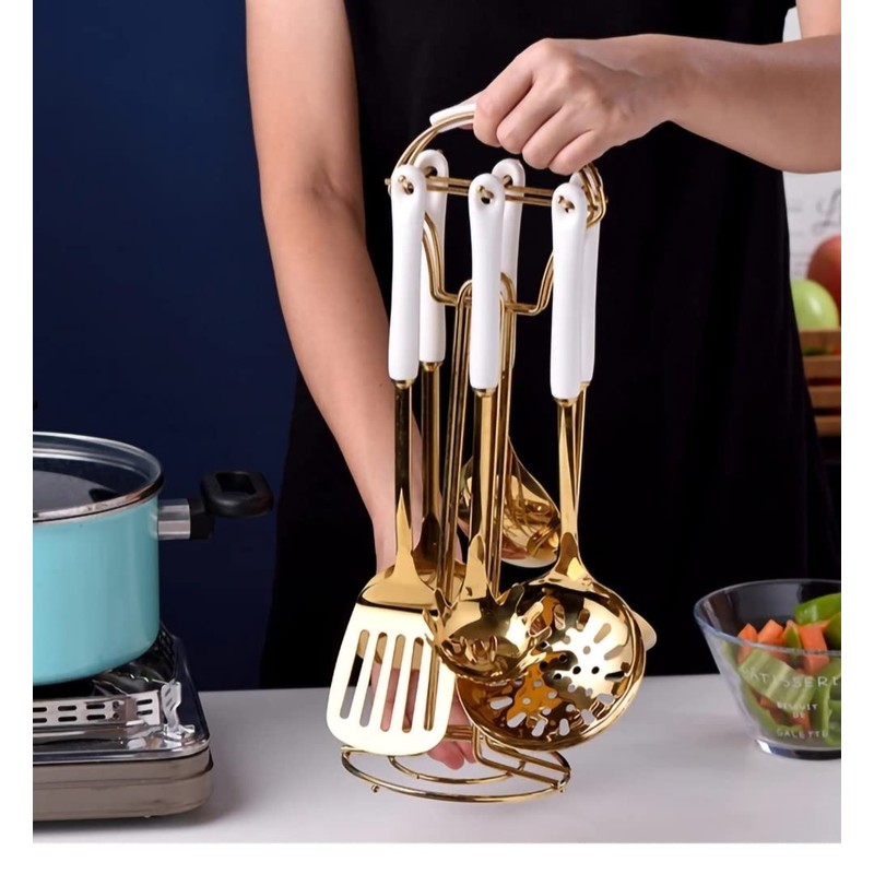 AQUAX Stainless Steel kitchenware seven Pieces Set (White Gold).Cooking Utensils