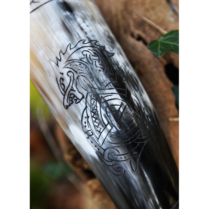 Battle-Merchant High Quality Viking Drinking Horn with Stand and Fenrir