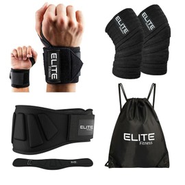 Paquete con muñequeras, vendas para rodilla, y faja de soporte, Kit para levantamiento de pesas, cinturon para gimnasio (Faja mediana)