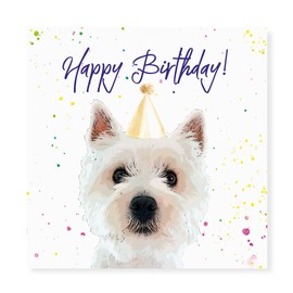 Curled Up West Highland Terrier Birthday Card - Party Hat Westie Greeting Card – Blank Inside