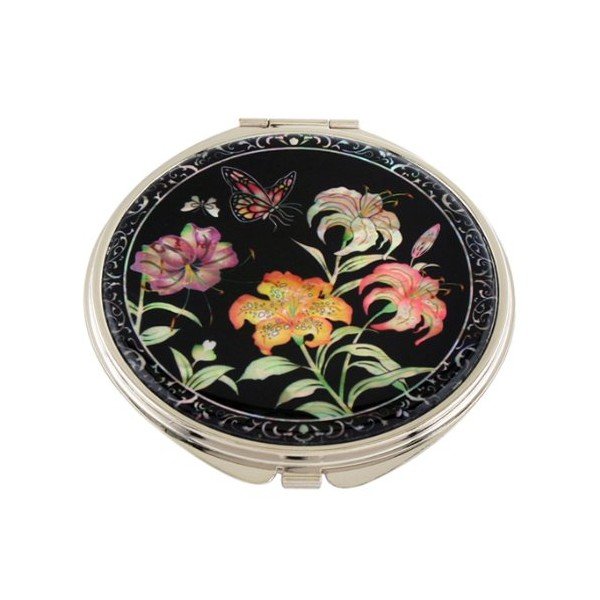 Mother of Pearl Trumpet Lily Flower Design Double Compact Magnifying Cosmetic Makeup Purse Mirror