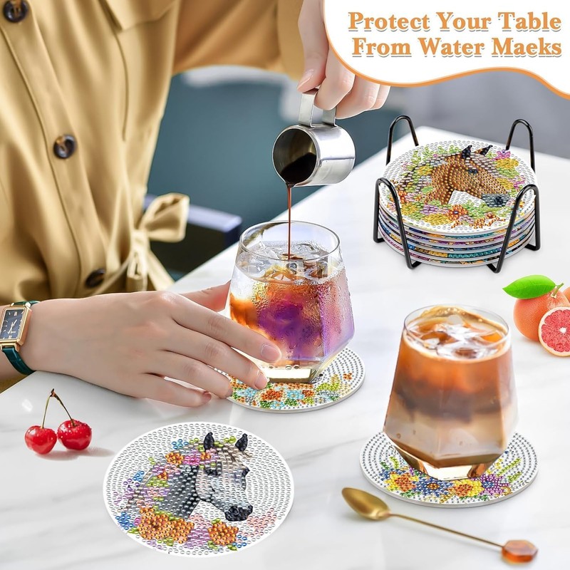 Horse Diamond Art Coaster Set, 8 Pieces with Holder and