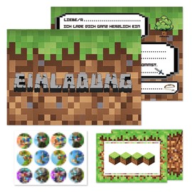 Byhsoep Children's Birthday Invitation Cards with 12 Envelopes, 12 Stickers, Gamer Pixel Motif, German Invitation Cards for Children's Birthday Invitations, Pack of 12