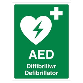 V Safety Welsh/English - AED Emergency Defibrillator 200 x 300 mm - Reinforced Super-Tough Flexi-Plastic Safety Sign