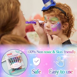 Glitter Tattoo Pens Children (6 Colours | 95 Stencils), Tattoo Gel Pens with 10 Tattoos Unicorn Luminous and 1 Sheet of Glitter Stones Face, Tattoo Pens for Gift Girls from 5 Years