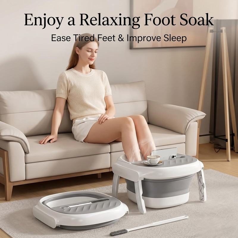 Collapsible Foot Bath Tub with Long Handle Foot Brush, Foldable