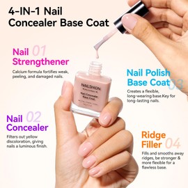 4-in-1 Illuminating Nail Concealer Base Coat Foundation Ridge Filler Sheer Brightening Nail Polish Growth & Strengthener for Damaged, Yellowing, or Discolored Nails, 15-free, Air Dry