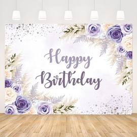 APROPHIC Purple Happy Birthday Banner Background, Watercolour Flowers Party Accessories, Photography Background, Happy Birthday Banner Photo Background, 210 x 150 cm