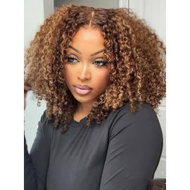 ISEE M-Cap Kinky Curly Wear Go Glueless Wigs Human Hair Pre Plucked Pre Cut Bleached Knots 9x6 HD Lace Glueless Human Hair Wigs For Women (Highlight Ombre, 20 Inch)