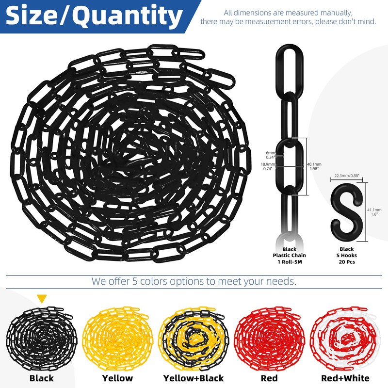 Glarks 21pcs 5Mx 6mm Plastic Chain Barrier with S Hooks,