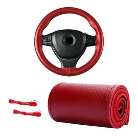 MUQIDA Genuine Leather Steering Wheel Cover, 15 Inches Breathable Stitch on Wrap Steering Wheel Cover, Anti-Slip Auto Wheel DIY Sewing Protector with Needle Thread (Red, Full Hole)