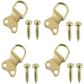 Aretro Large Brass Plated Picture D Rings & Plates Photo Frame Hanging Hooks Hangers Canvas Hook Wall Bracket Hanger with Screws, 4 Pack (Large)