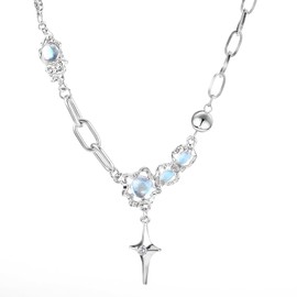 Mabor Silver Y2k Star Pendant Necklace Rhinestone Moonstone Irregular Necklace Adjustable Grunge Jewelry Gifts Accessories for Women Aesthetic Star Necklace