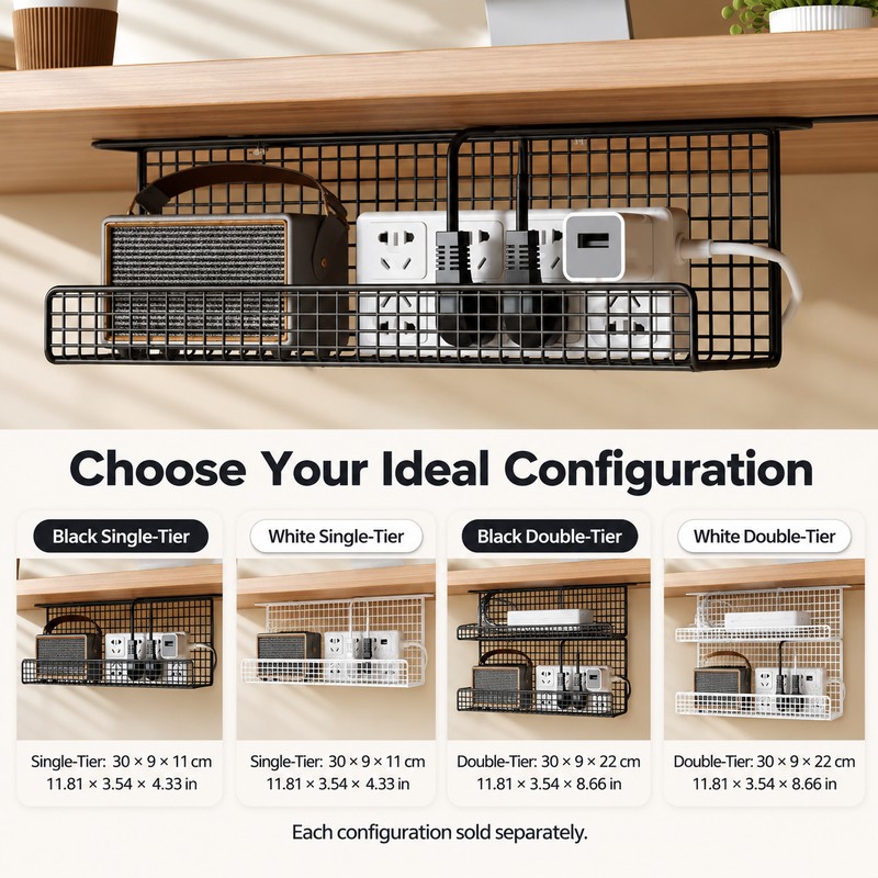 Under-Desk Cable Management Tray for Cord & Power Strip Storage