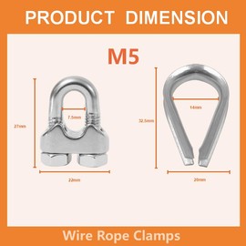 Lyrlidr Pack of 8 M5 Wire Rope Clamps Cable Clamps 4 Pieces 5 mm Wire Rope Thimble U Bolt Saddle Attachment 304 Stainless Steel Cable Clamps (M5, 8)