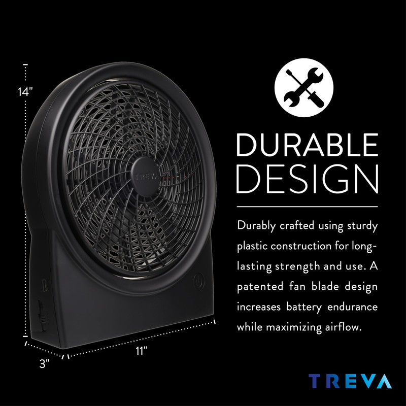Treva 10 Inch Portable Rechargeable Fan & Battery Powered, 3