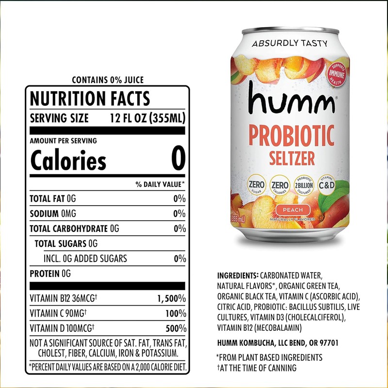 Humm Peach Sparkling Water, Zero Sugar, Zero Calorie Seltzer, Whole30