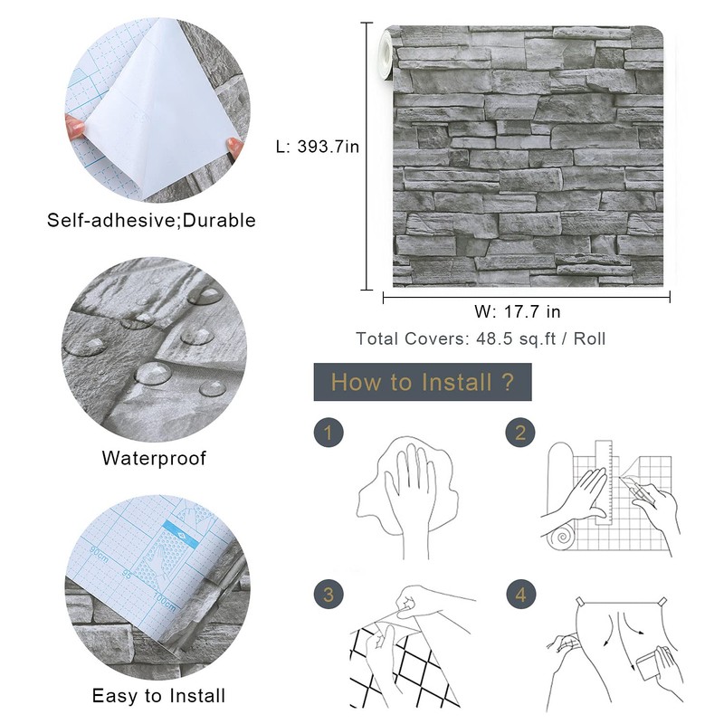 Timeet 17.7" x 393" 3D Grey Stone Wallpaper Peel and