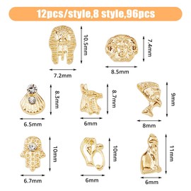 HOBBIESAY 96Pcs 8 Styles 3D Golden Egyptian Nail Charms Alloy Vintage Nail Art Decoration Retro Nail Jewelry Accessories Pharaoh/Shell/Hamsa Nail Rhinestone Decoration for Nail Art Design