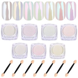 7 Colors White Pearl Chrome Nail Powder Kit,Aurora Metallic Nail Powder Holographic Mirror Gradient Effect Chrome Powder,Iridescent Pearlescent Shell Powder Glitter Nail Pigment Powder for Nails Art