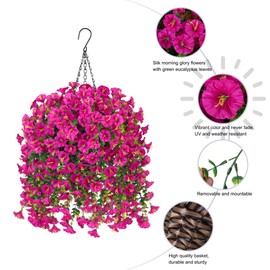 Artificial Hanging Flowers with Basket Outdoors Fake Flowers Plants,3 PCS Faux Silk Fuchsia Morning Glory Flower with Eucalyptus Leaves Realistic Greenery Vines for Wall Home Porch Patio Balcony Yard