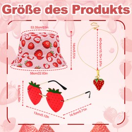 WanderGo 3 Stück Erdbeer Kostüm Set Erdbeer Fischerhut Anglerhut + Erdbeerbrille und Halskette mit Anhänger Apero Festival Fasching für Karneval Cosplay Kostüme Accessoires