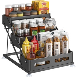 Biubumtu Adjustable 3-Tier Spice Rack Organizer– Two Height Options, Large Capacity Seasoning Organizer Shelf, Spice Holder with 2.36 High Protection Railing, Metal, Black