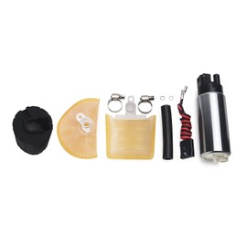 CUSTONEPARTS Bomba de combustible eléctrica de alto flujo con colador/filtro + junta de goma/manguera + abrazaderas de acero inoxidable + arnés de cableado de conector universal