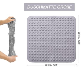 Non-Slip Shower Mat, 48 x 48 cm, Square Shower Mat, Machine Washable with Suction Cup, PVC Shower Mat, Non-Slip Massage Mat for Shower and Sauna, Grey