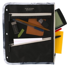 Five Star Pencil Pouch, Pen Case, Storage Organizer for Classroom Supplies Earbuds Chargers Cables Makeup, 3-Pocket, Fits 3 Ring Binder, Black/Grey (506420A-ECM)
