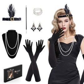 1920s Vintage Accessories Set,1920s Flapper Great Gatsby Accessories Set,Fashion Roaring 20's Theme Set with Headband Headpiece Long Black,8 Pieces