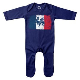 Purple Print House France Flag Rugby Rooster Baby Romper Suit Retro French Français Nations Football Supporter Boys Girls, 6-12 Months, Navy