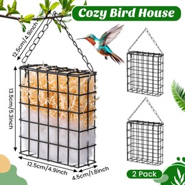 Otoolling 2 Set Hummingbird Nesting Material Hanging Cage Holder with Natural Cotton Raffia Gift for Bird Lover Black Hummingbird House Material for Wild Bird Outdoor Garden Home Resting Place