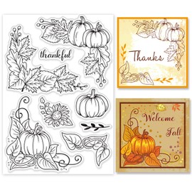 GLOBLELAND Pumpkin Corner Clear Stamp Autumn Fall Leaves Silicone Clear Stamp Thanksgiving Christmas Background Cover Rubber Stamps for Scrapbook Journal Christmas Card Making 4.3x6.3x0.1 Inch