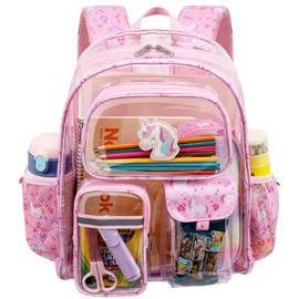 BrainyBees Clear Backpack for Girls - 15 Inch Heavy Duty Transparent Kids Backpacks for School, PVC Bookbag with 3 Front Pockets for Kids Aged 3 to 8, Pink Unicorn