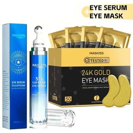 Maskiss 50Pairs 24K Gold Collagen Eye Patches+Caffeine Eye Cream for Puffy,Dark Circles Treatments,Reduce Eye Bags and Smooth Wrinkles,Hyaluronic Acid - Specification: Eye Mask(25 Pairs) + Eye Serum