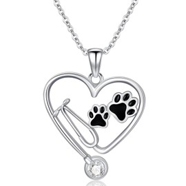 MEIDERBO Stethoscope Necklace 925 Sterling Silver Nurse Necklace Veterinary Pendant Necklace with Dog Paw Nurse Jewelry Gifts for Veterinarian Nurse Women Veterinarian Gifts