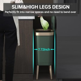 Small Trash Can with Lid, 4 Gal/15l Kitchen Garbage Can, Slim Trash Bin with Legs, Pet Proof Plastic Wastebaskets, Skinny Trash Can, Thin Garbage Can Kitchen, Bathroom Trash Cans,Green with Gold Edge