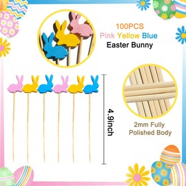 Easter Cocktail Picks,100 PCS Easter Bunny Toothpicks for Appetizers,4.7 inch Easter Bunny Bamboo Sticks Skewers for Dessert Food Fruit Charcuterie,Easter Party Decorations,Bunny Party Decorations