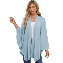 PULI Women's Elegant Poncho Knitted Ponchos Capes Open Front Versatile Scarf Wrap with Tab, blue