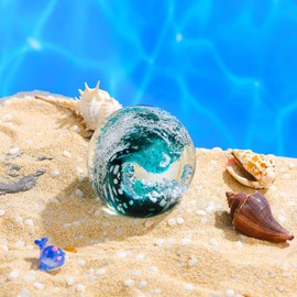 Hand Blown Glass Figurines Ball Ocean Waves Paperweight Glass Ball for Friends Ocean Lovers, Dark Blue Bubble Ball Decoration for Home, Office and Aquarium